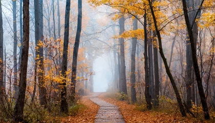 Printed roller blinds Road in forest beautiful foggy autumn mysterious forest with pathway forward footpath among high trees with yellow leaves
