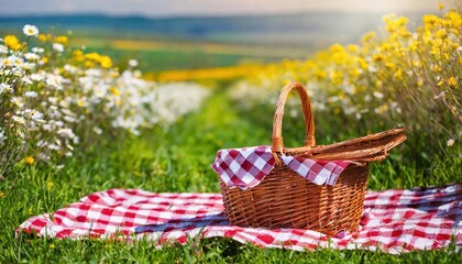checkered picnic duvet with empty basket on the blossoming meadow - obrazy, fototapety, plakaty