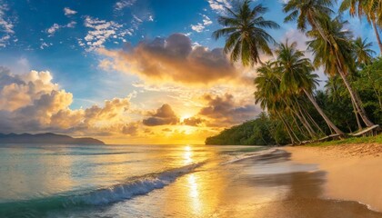 Fototapeta na wymiar beautiful sunrise over over the sea with palm trees tropical island beach landscape exotic coast fantastic panoramic view holiday summer