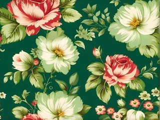 Zelfklevend Fotobehang Vintage Elegance: Classic Floral Wallpaper on Green Background. generative AI © EVISUAL