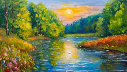 oil painting landscape colorful summer forest beautiful river