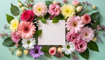 beautiful frame from assorted flowers and blank greeting card on pastel background floral composition for valentine s day women s day wedding birthday or mother s day