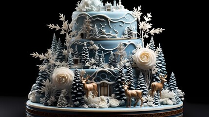 A beautifully detailed Christmas cake, resembling a winter wonderland with edible pine trees, deer figurines, and a snowy landscape, all captured in high-definition