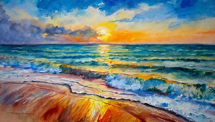 oil painting of the sea multicolored sunset on the horizon watercolor
