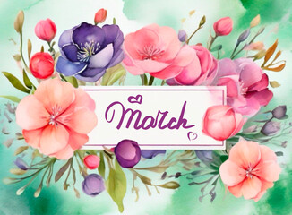 Hello March. March watercolor hand lettering text with flowers and leaves. Postcard from March 8th. Women's Day.