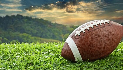 leather american football ball on green grass space for text