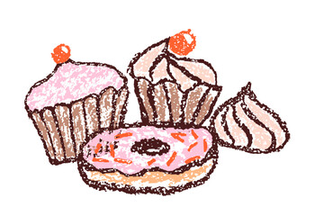 Doodle hand drawn sweet food set. Crayon, pencil or pastel chalk like kid`s style dessert, donut, cupcake, muffin, cake, cream, cream. Vector funny cartoon flat simple art cafe tasty menu