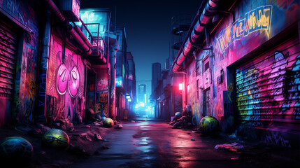 Vibrant graffiti art illuminates a dark alley with psychedelic neon colors.