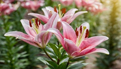 beautiful hybrids pink asiatic lily flowers with green leaf of lilium true lilies the herbaceous flowering plant growing from bulbs