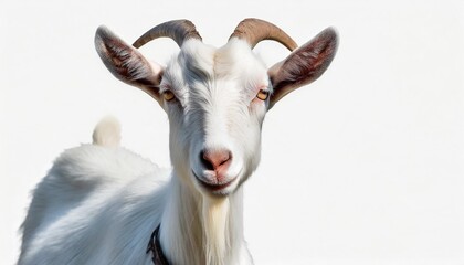 portrait of white goat standing up isolated on a white background with text space can use for advertising ads branding