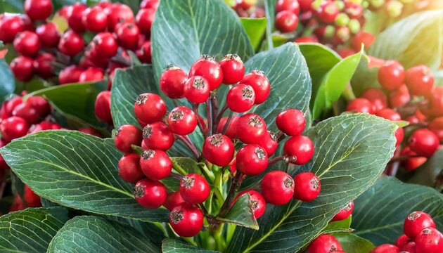 beautiful red skimmia japonica rubella plant with green leaves and red berries floral arrangement with red flowers background christmasplant winterplant out of a dutch greenhouse