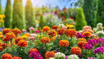 bright beautiful flower garden with tagetes and different flowers on a sunny day
