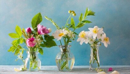 small vases with beautiful spring flowers and leaves on a light blue background