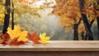 Naklejka na ściany i meble creative autumn composition with maple leaves and empty wooden table for product showcase minimal autumn concept screen banner happy thanksgiving and greeting card