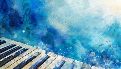 old music sheet in blue watercolor paint blues music concept abstract blue watercolor background