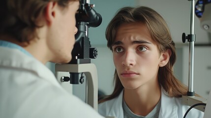Attractive female doctor ophthalmologist is checking the eye vision of handsome young man in modern clinic. Doctor and patient in ophthalmology clinic.