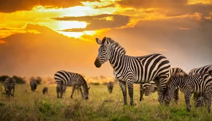Poster african zebras at beautiful orange sunset in the serengeti national park tanzania wild nature of africa © Richard