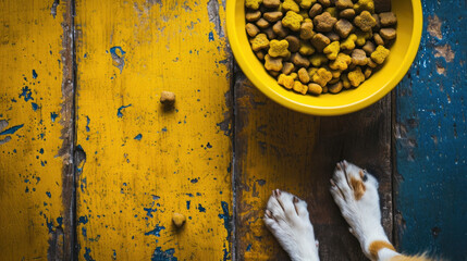 Yellow bowl with dog and cat food on a yellow background. Dog paws and muzzle. Banner, top view, copy space, space for text