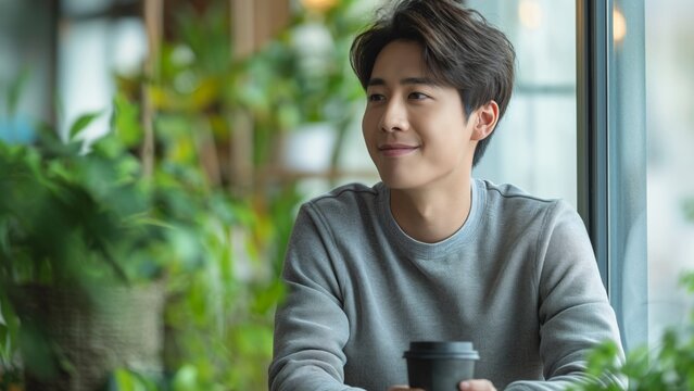  Happy Asian Man Enjoying Morning Coffee In Coffee Shop