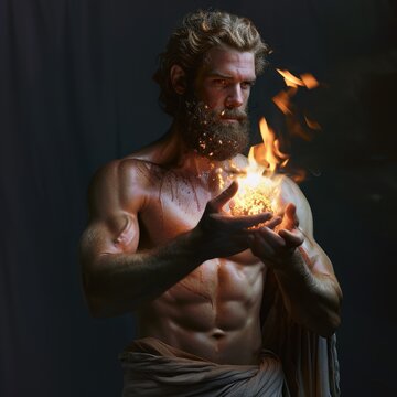 Ignite enlightenment: prometheus, the olympian god, holds fire in hands, symbolizing defiance and the gift of knowledge, a mythic embodiment of empowerment and rebellion