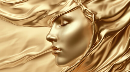 Fototapeta na wymiar Fashionable aesthetic woman face made of golden metal texture, silky cloth in motion, on beige background with free place for text. Banner for beauty, fashion, makeup or cosmetics product