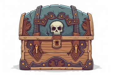 locked pirate chest with skull lock, cartoon style, white background, generative AI