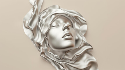 Fototapeta premium Fashionable aesthetic woman face made of silver metal texture, silky cloth in motion, on beige background with free place for text. Banner for beauty, fashion, makeup or cosmetics product.