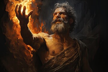 Ignite enlightenment: prometheus, the olympian god, holds fire in hands, symbolizing defiance and the gift of knowledge, a mythic embodiment of empowerment and rebellion - obrazy, fototapety, plakaty