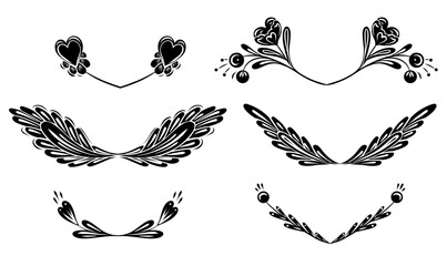 Vector festive set of monochrome floral frames. Decorative folk art cliparts with black flowers, hearts and stems with foliage - obrazy, fototapety, plakaty