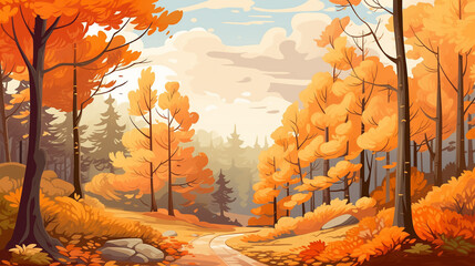 Illustration of an autumn forest with animated gif style, and emotive brushstrokes, in light orange and brown. - obrazy, fototapety, plakaty