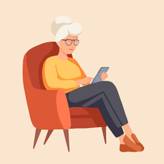 Vector illustration of a grandmother sitting in a chair with a phone. Studying modern technologies by old parents. Remote work for retirees.