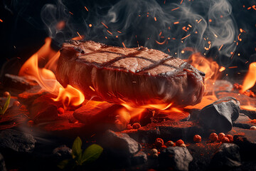 Juicy steak grilling on red hot charcoal embers with rising smoke - Powered by Adobe