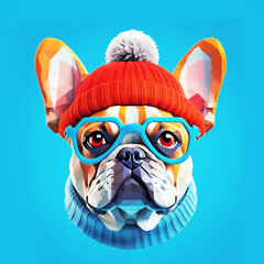 Funny portrait of french bulldog in blue–rimmed glasses and orange knitted hat, close-up, on blue background.