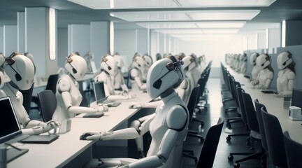 AI generated illustration of a group of robots working in a dystopian office utilizing computers