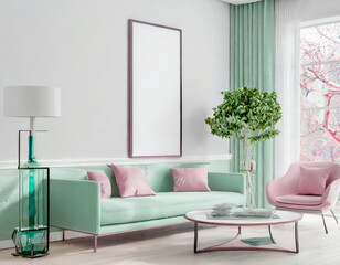 Mockup frame in living room interior, 3d render, reflective glass, glosy frame