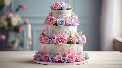 Obraz na płótnie Canvas In Full Bloom: Celebrate with a Stunning Cake Featuring Pink Roses and Blue Flowers