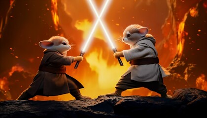 two animated characters playing with two swords in front of a giant fire