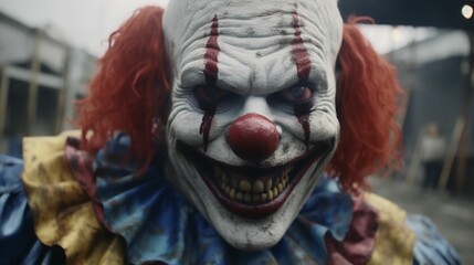 Menacing clown with a red nose and sinister smile in a frightening atmosphere. Ai generated - obrazy, fototapety, plakaty