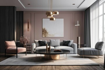 AI generated illustration of a modern-style living room located in a luxury apartment