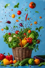 Obraz na płótnie Canvas Vertical picture of various vegetables in a basket on a blue background. Concept of many vegetables and good health
