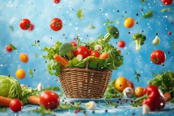 Obraz na płótnie Canvas Picture of various vegetables in a basket on a blue background. Concept of many vegetables and good health