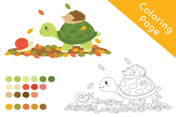 Hedgehog on top of a turtle and a happy snail on a autumn leaves, black and white outline cartoon vector for coloring page. Printable coloring page template cartoon vector.