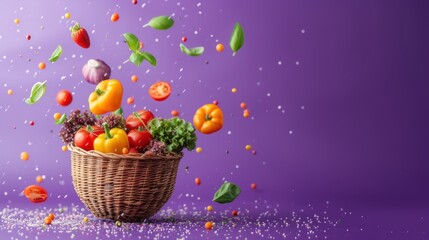 Obraz na płótnie Canvas Various vegetables in a basket on a purple background Many vegetables and healthy food ideas