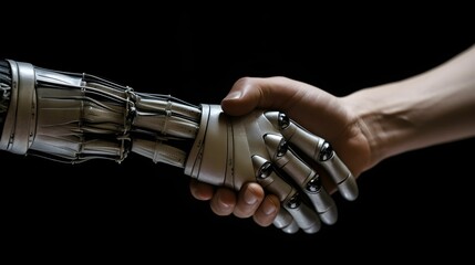 two hands shaking each other over a robotic arm that is silver and holds metal