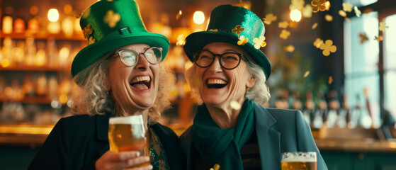 Exuberant senior women with festive green hats and glasses raise their beers in a toast amidst a St. Patrick's Day celebration