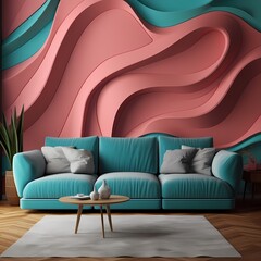Modern Living Room Interior with Vibrant Teal Sofa and Abstract Pink Wall Art
