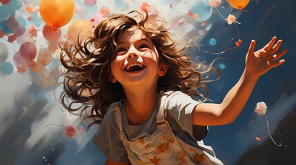 An artistic composition featuring a child releasing a bouquet of balloons, their laughter echoing through the air as the balloons soar higher and higher