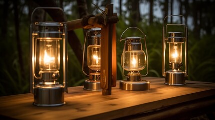 AI generated illustration of lanterns sitting atop a rustic wooden table, emitting a yellow light