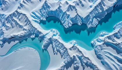 AI illustration of an aerial view of a pristine glacial lake nestled amongst snow-covered mountains