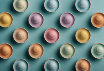 AI generated illustration of pots of ice cream
with vibrant and pastel-colored sauces